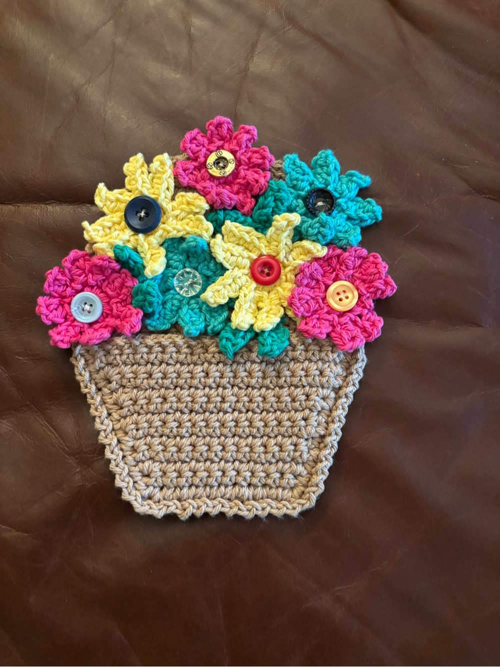 Hand Crafted Pink, Yellow, Teal Crochet Flower Pot Potholder